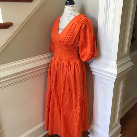 AYR Extra Extra Cotton Poplin Maxi Dress Womens Medium Orange V-Neck Smocked - Picture 7 of 12